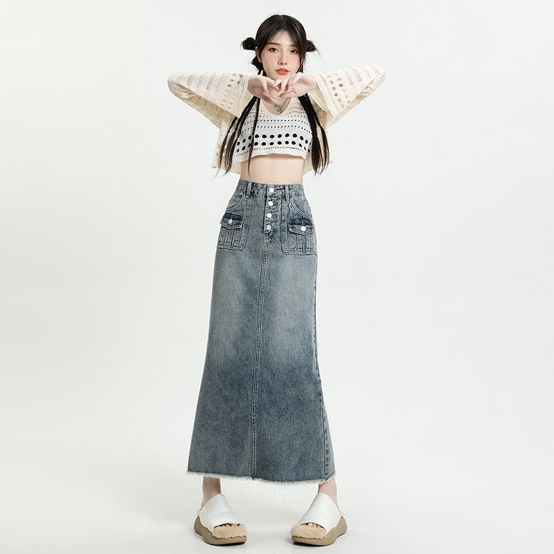 Women's Fur Edge Retro Denim Skirt