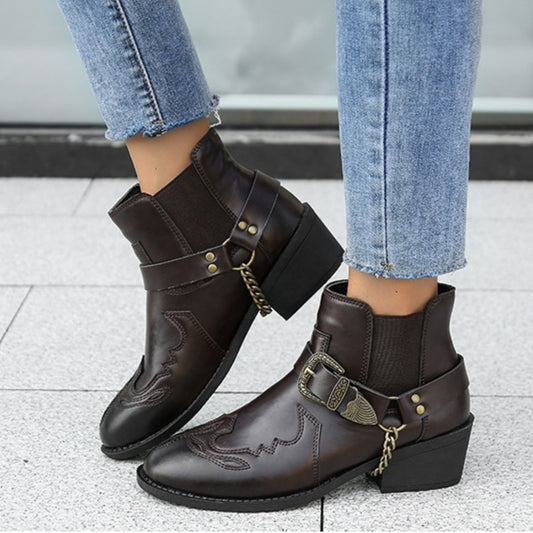 Chain PU Leather Block Heel Boots