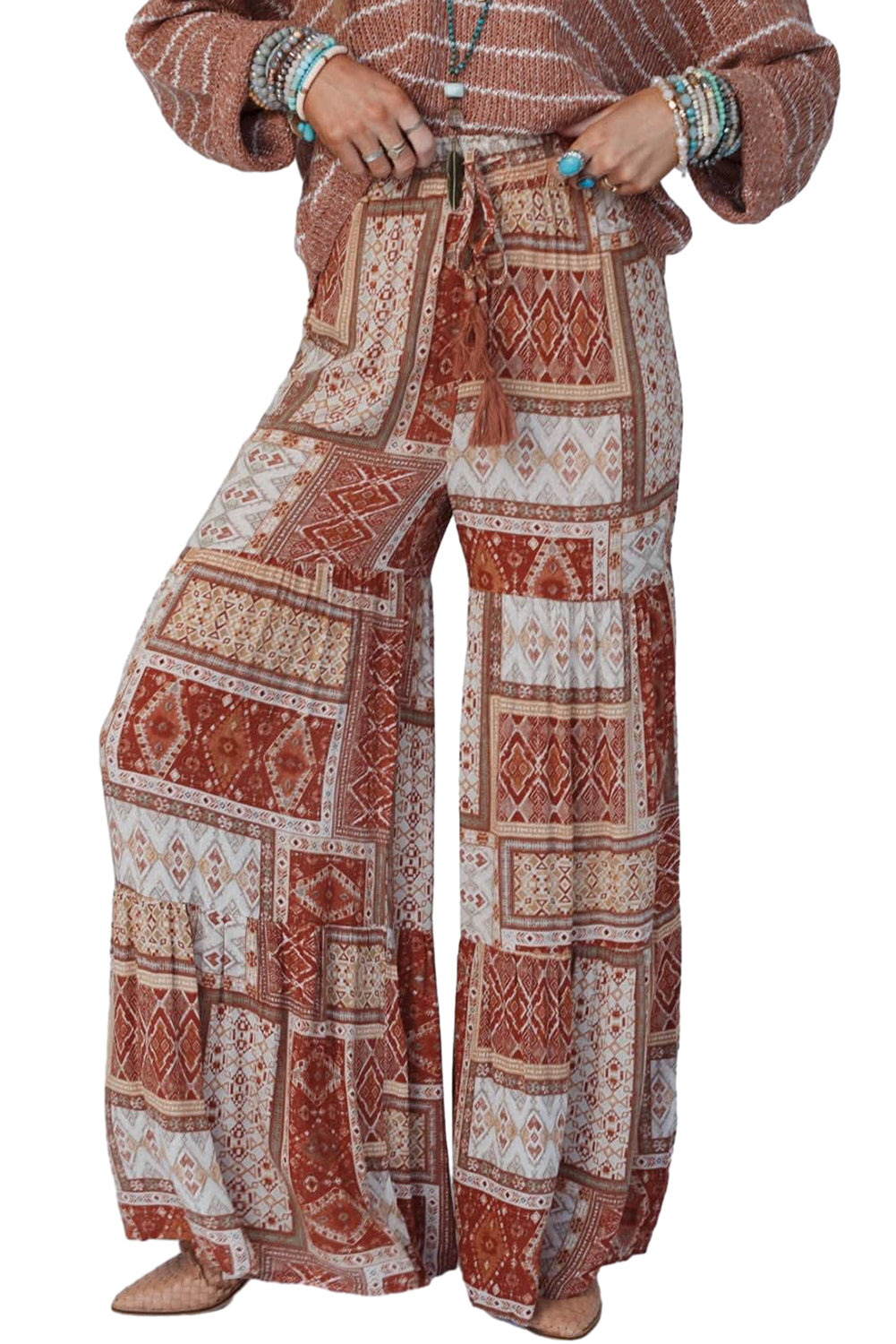 Brown Boho Geometric Print Patchwork Tiered Wide Leg Pants