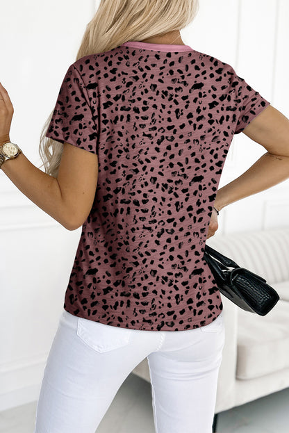 Apricot Cheetah Print O-neck Short Sleeve T Shirt