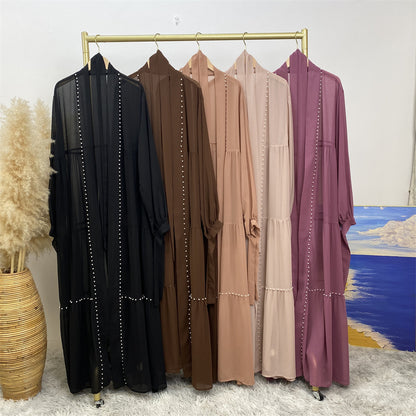 Elegant Solid Color Beaded Muslim Lacing Chiffon Cardigan Robe