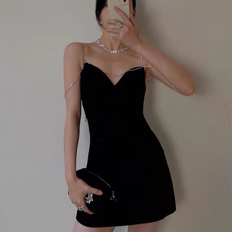 Robe à bretelles robe haut de gamme jupe fête petite robe noire