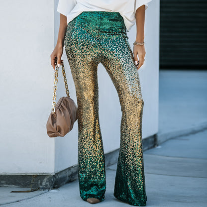 Gradient Color Wide Leg European And American High Waist Slim-fit Sequined Flared Pants