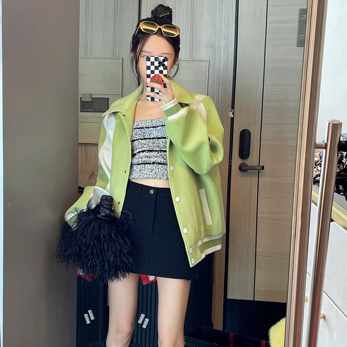 Women's Fashion Cropped Lapel Colorblock Baseball Jacket