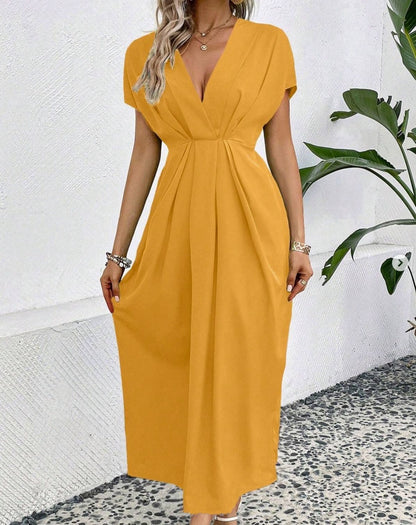 Robe longue de couleur unie, manches à épaules en V profondes, taille élastique pliante