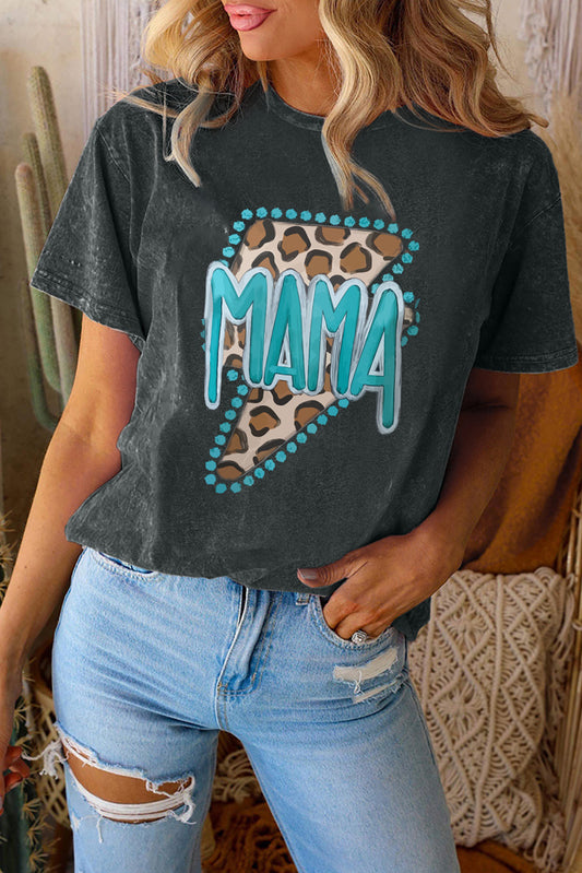 Camiseta negra con cuello redondo y estampado de relámpagos de leopardo MAMA