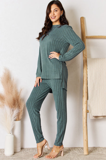 Basic Bae Ensemble haut et pantalon côtelé à col rond et fente haute et basse