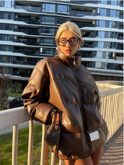 Winter Stand Collar Zipper Brown Parka Jacket Women