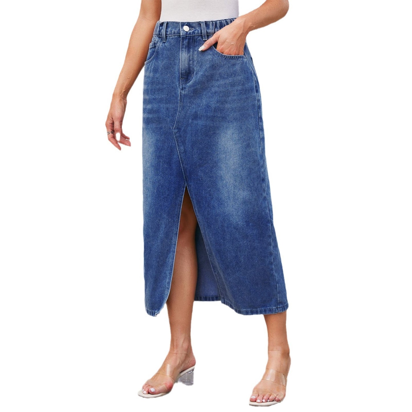 Robe mi-longue fendue en denim délavé à taille élastique