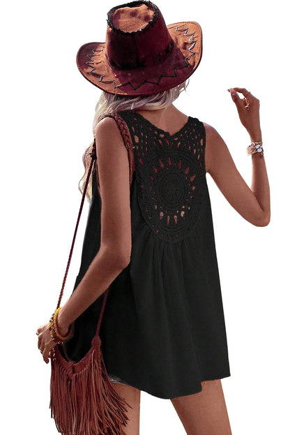 Black Bohemian Crochet Sleeveless Tunic Top