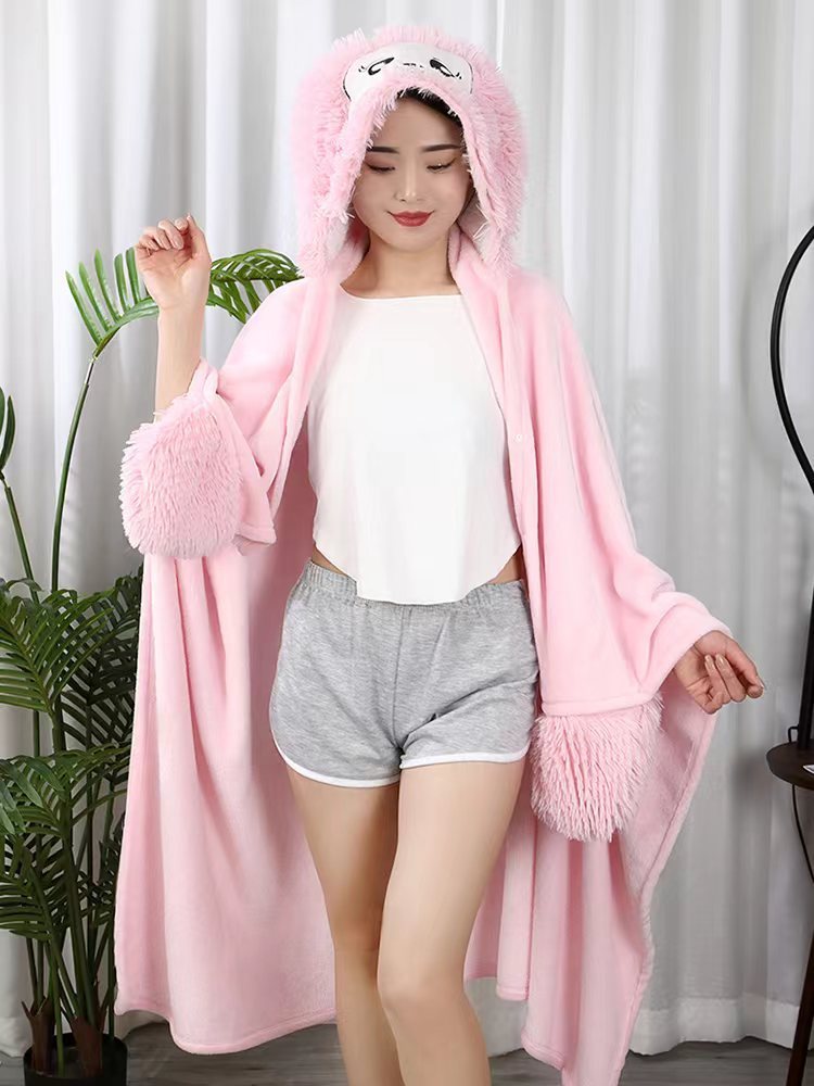 Double Layer Fleece-lined Office Nap Air Conditioning Blanket Hooded Flannel Shawl Cape