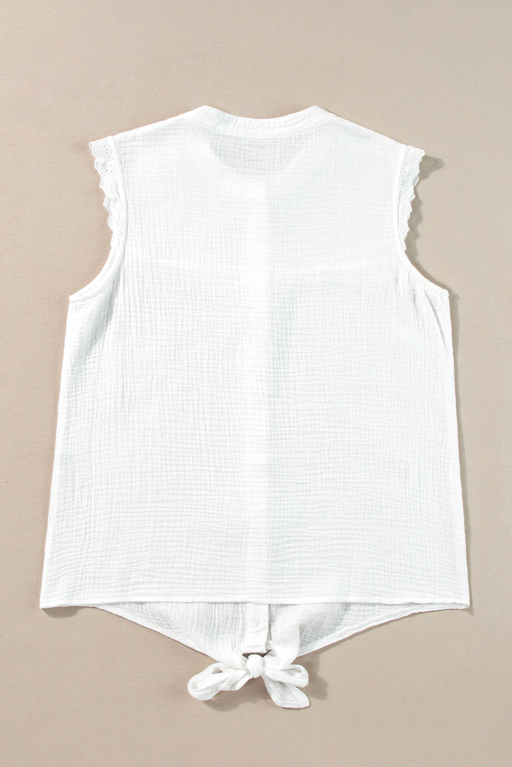 White Lace Trim Crinkle Knot Hem Sleeveless Shirt