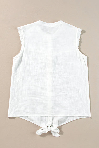 White Lace Trim Crinkle Knot Hem Sleeveless Shirt