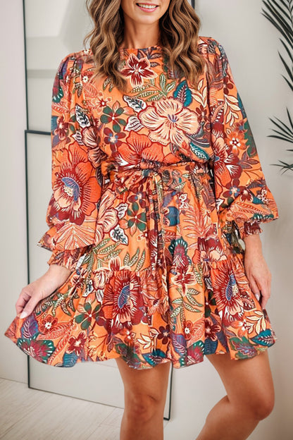 Mini-robe à imprimé tropical et manches lanternes à la taille