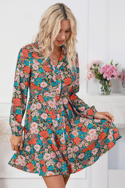 Floral Button Front Collared Neck Shirt Dress