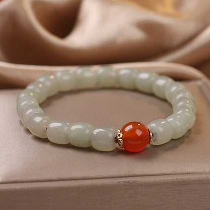 Pulsera de cuentas en forma de barril de jade hetiano natural de la suerte de estilo étnico