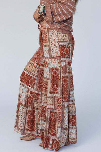 Brown Boho Geometric Print Patchwork Tiered Wide Leg Pants