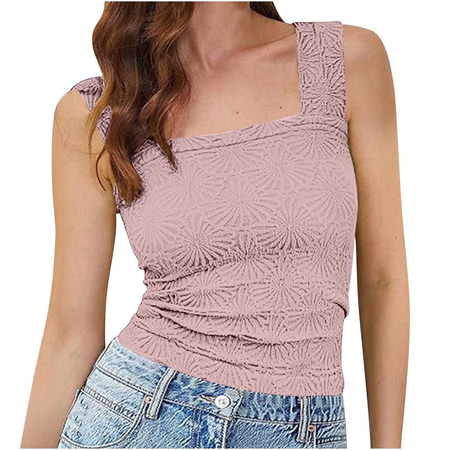 Women's High Elastic Tight Jacquard Square Collar Sleeveless Vest Top