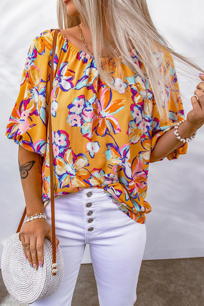 Yellow Floral Print Elastic Neckline Blouse