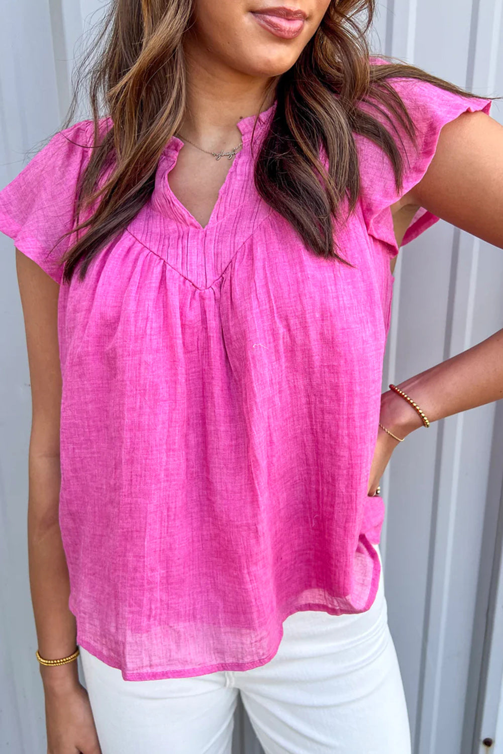 Bright Pink Frill V Neck Splicing Pleated Blouse