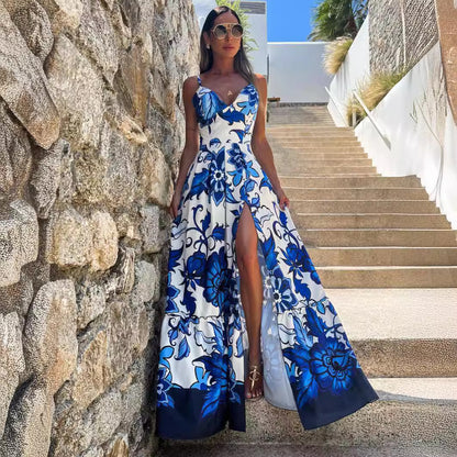 Vestido largo con tirantes y estampado azul de moda para mujer