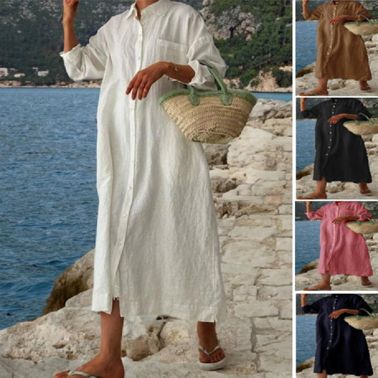 Robe chemise ample à manches longues et col rabattu, simple et assortie