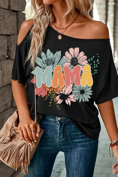 Camiseta informal con cuello asimétrico y gráfico de flores MAMA negra