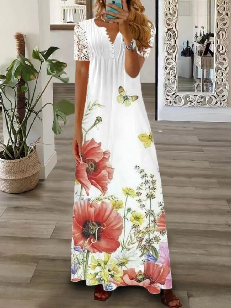 Robe longue élégante en dentelle imprimée à bretelles, vêtements pour femmes, nouvelle collection printemps