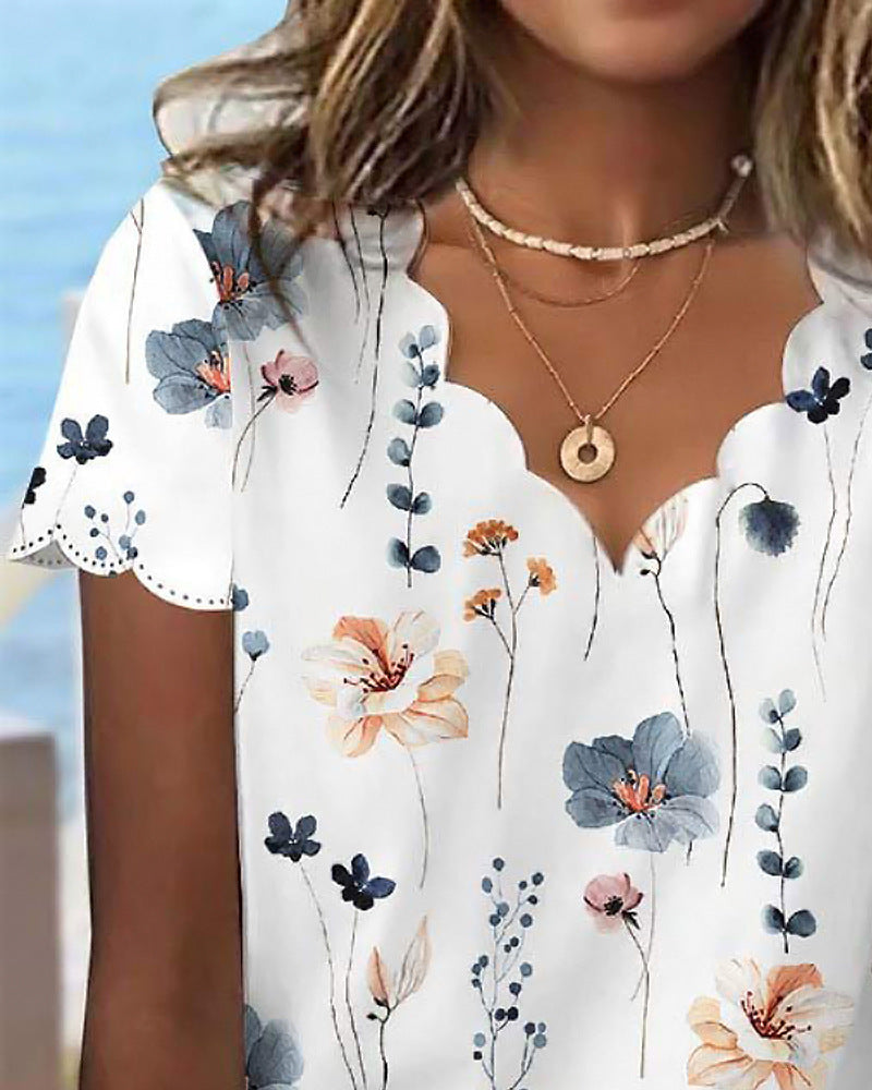 Women's Summer Sexy Shell Collar Floral T-shirt