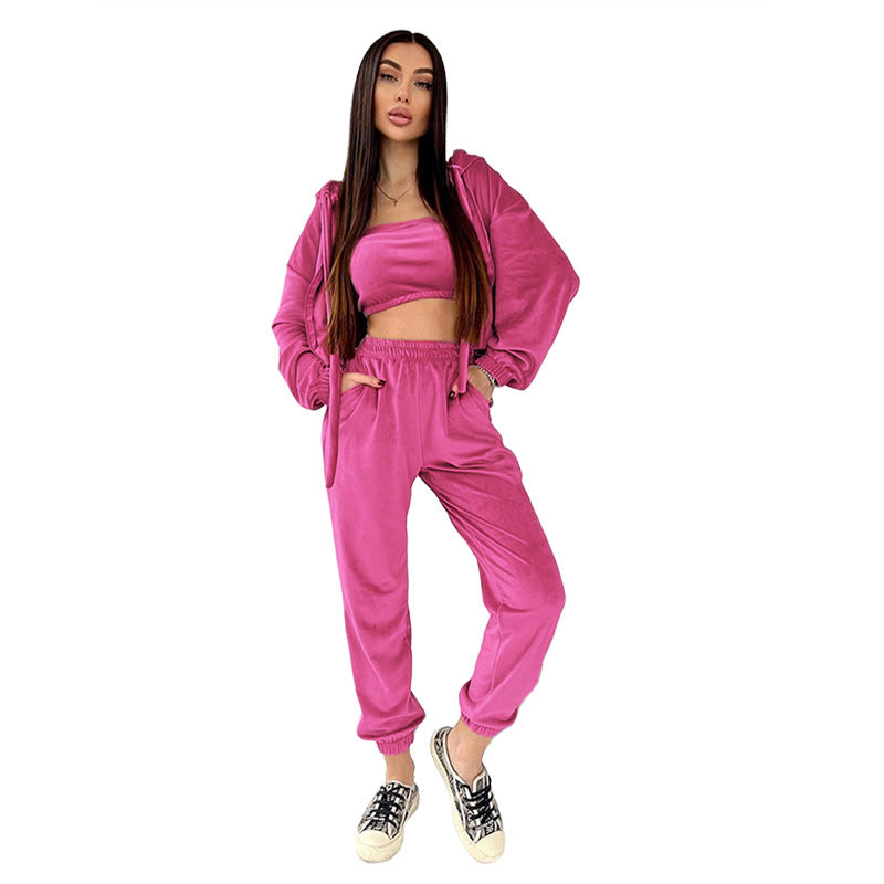 All-matching Solid Color Hooded High-waisted Trousers Suit