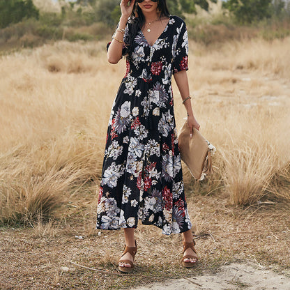 Vestido floral de playa de verano con vestidos de cintura elástica con cuello en V para mujer