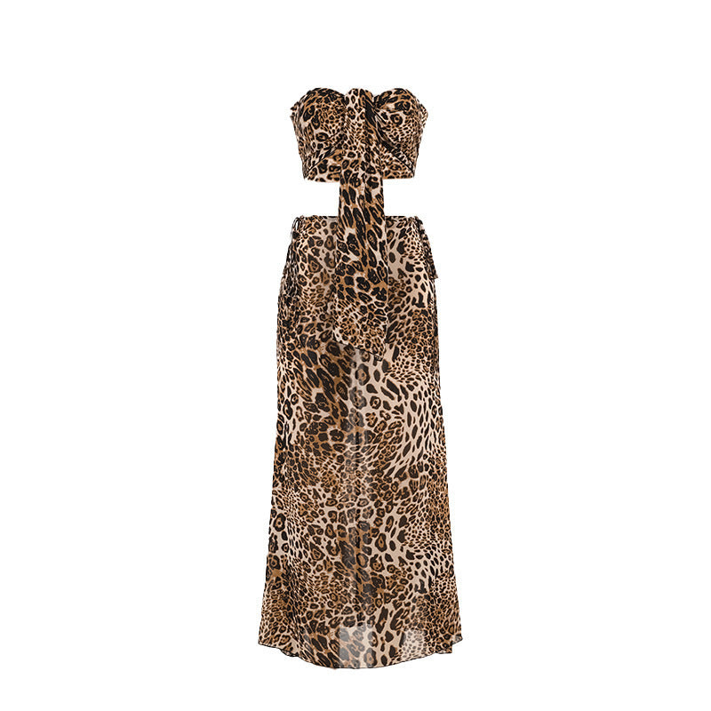 Sexy Two-piece Suit European And American Leopard Print Tube Top Mid-length Dress Set