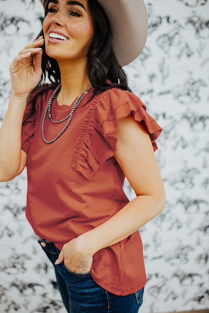 Orange Ruffle Short Sleeve Solid Color Blouse