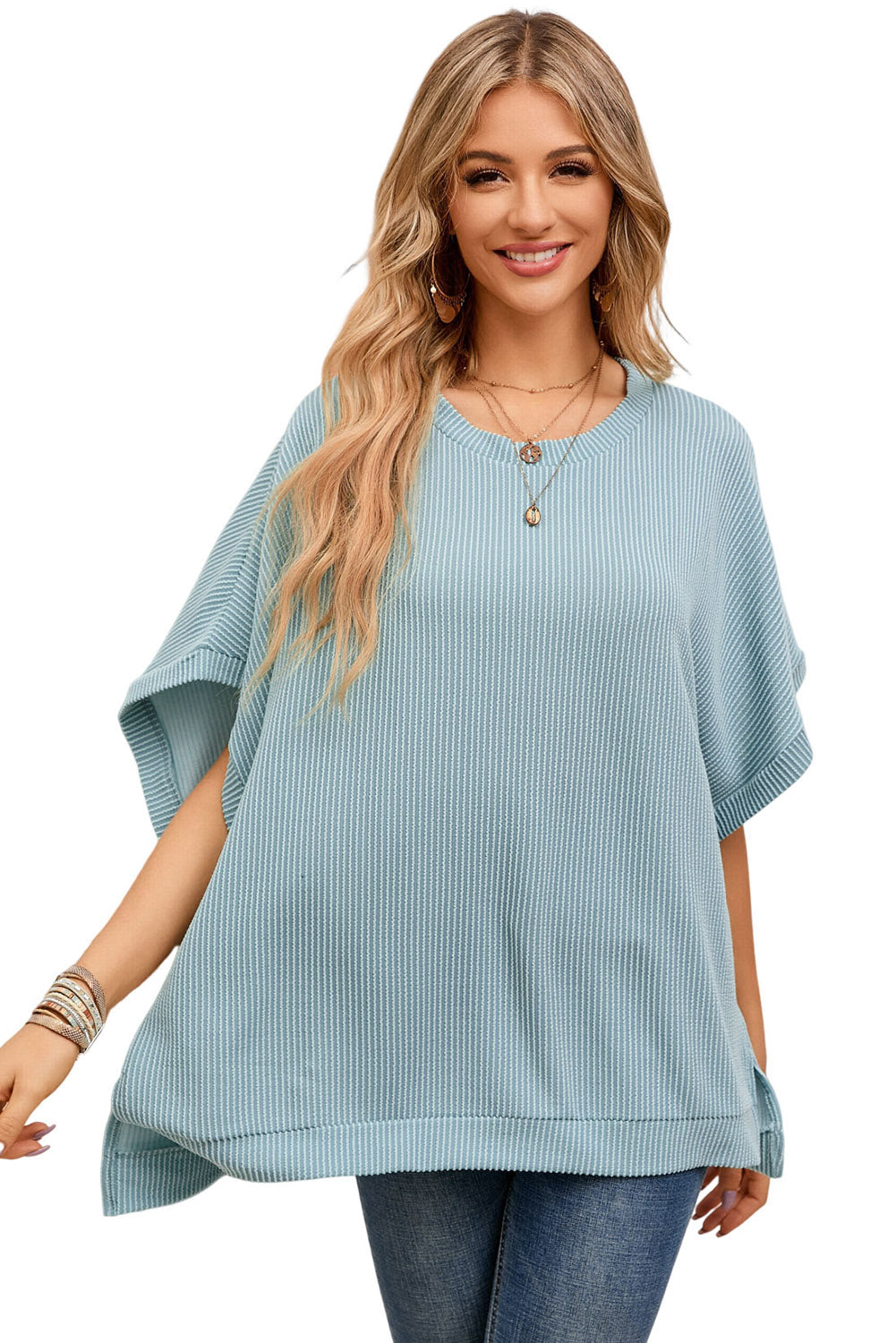 Apricot Ribbed Knit Batwing Sleeve Tunic Oversized T Shirt