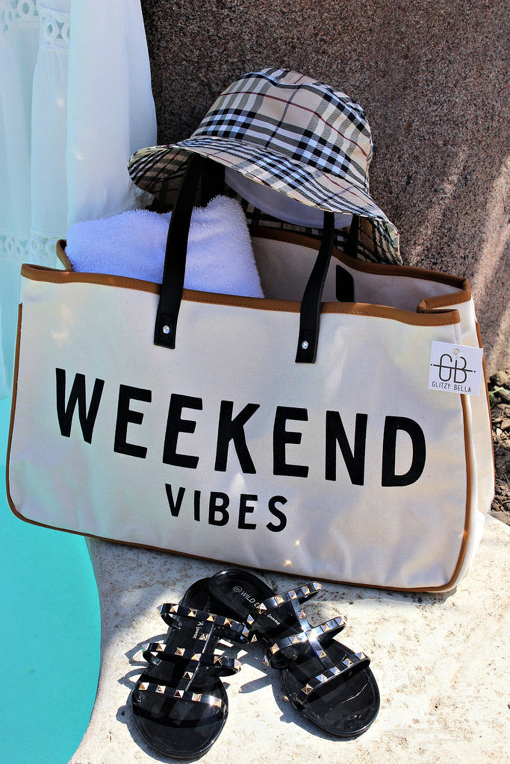 Cabas en toile WEEK-END VIBES blanc