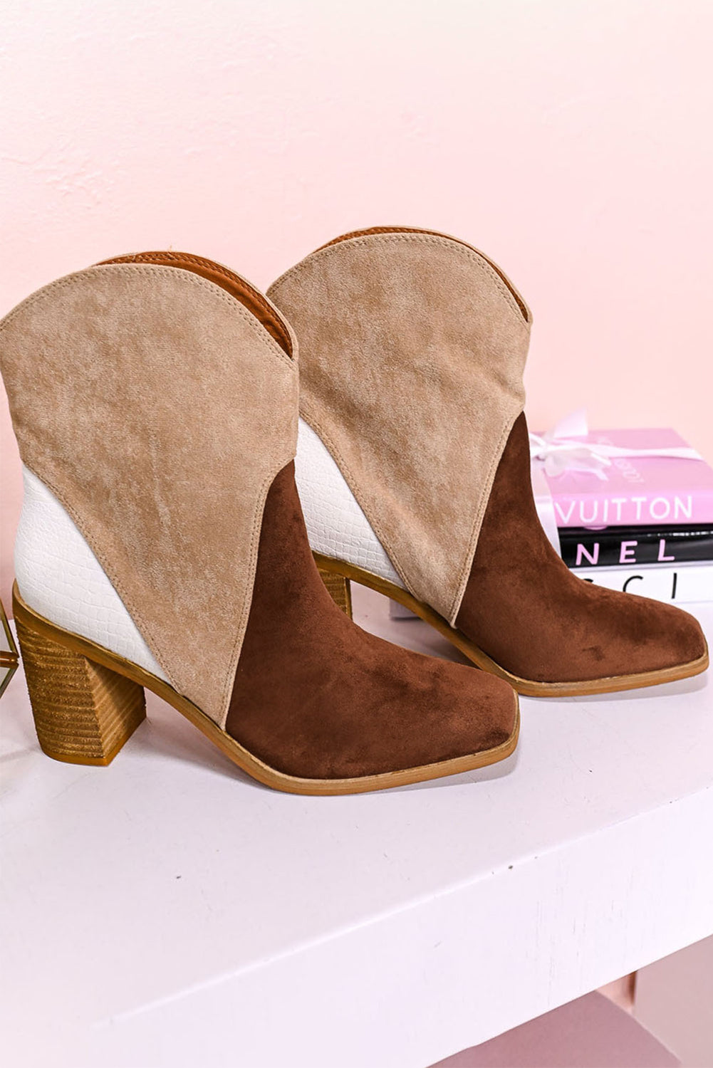 Chestnut Colorblock Suede Heeled Ankle Booties