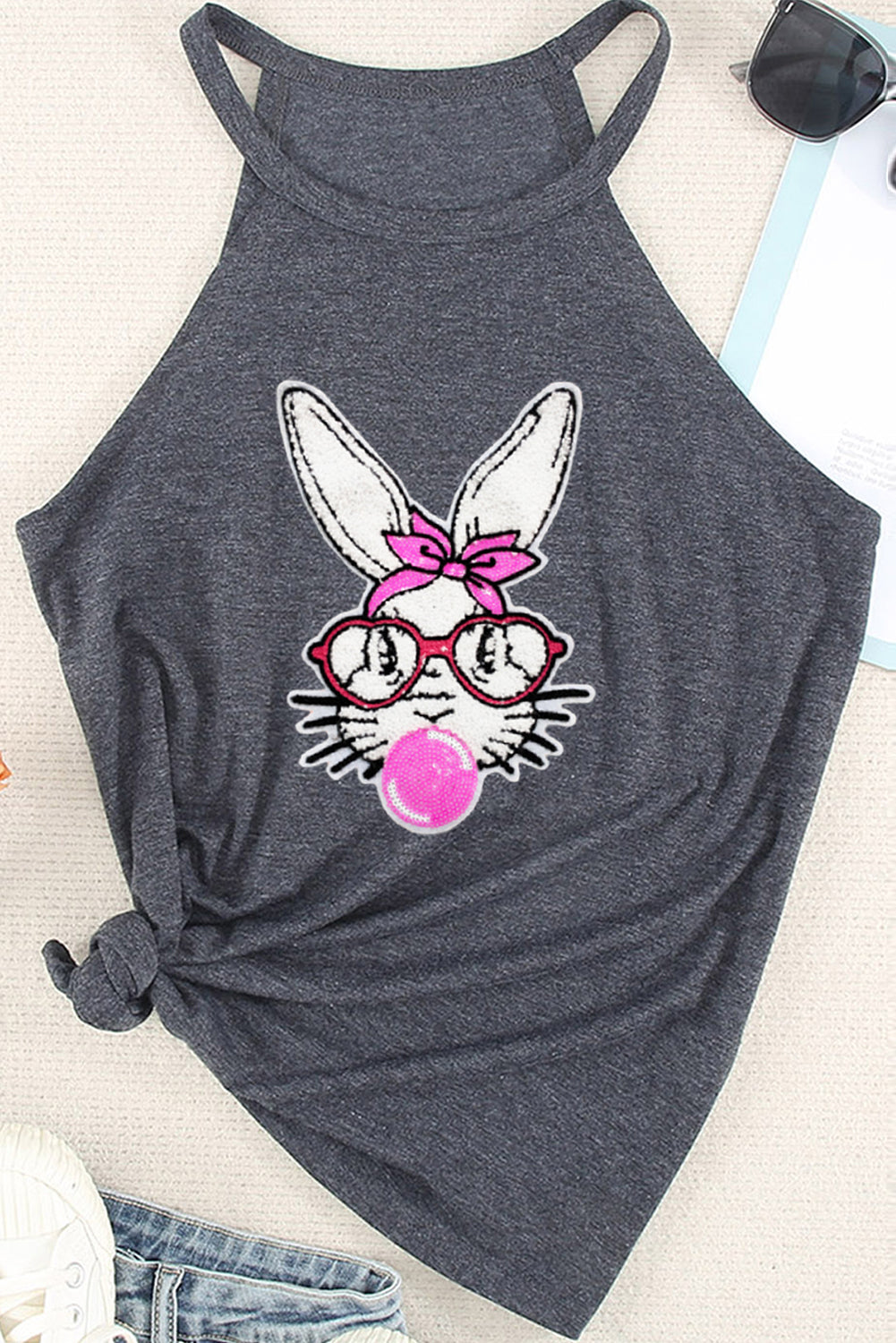 Gray Casual Easter Rabbit Graphic Tank Top