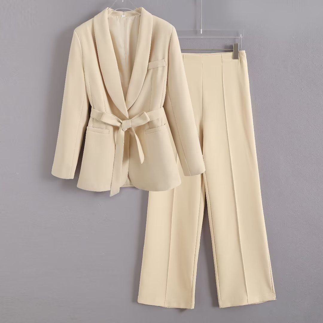 Robe à ceinture assortie pour femmes, petit manteau de costume, ensemble pantalon décontracté