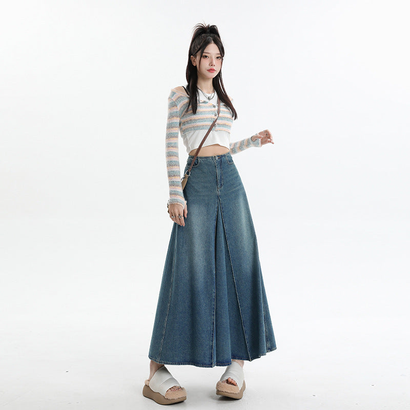 American Style Retro Big Swing Denim Spring New High Waist A- Line Slimming Mid-length Skirt