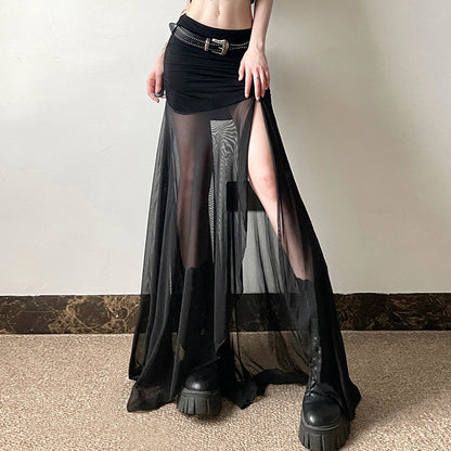 Vestido Largo Plisado Con Abertura Transparente De Malla Negra De Moda