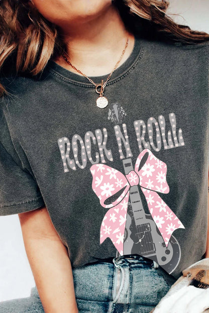 Camiseta negra con gráfico de guitarra Bowknot ROCK N ROLL