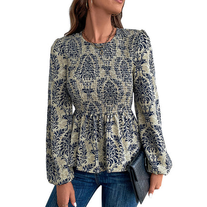 Women's Top Smocking Slim Fit Round Neck Long Sleeves Printed