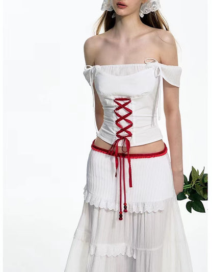 Women's White And Red Strap Off-shoulder Cake Dress Vacation Suit