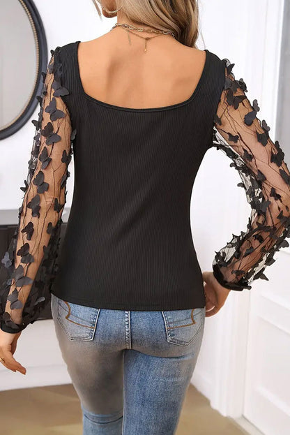 Black Butterfly Decor Mesh Patchwork Sleeve Knit Blouse