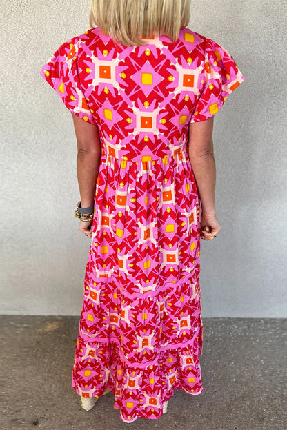 Strawberry Pink Abstract Print Pleated Flounce Sleeve Maxi Dress