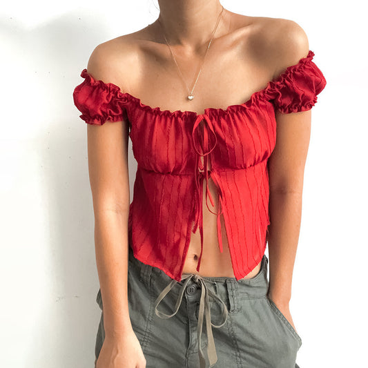 All-match Short Sleeve Puff Sleeve Hot Girl Tied Top Women