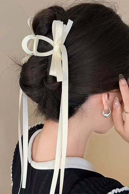 White Elegant Ribbon Long Tail Bow Knot Hair Clip