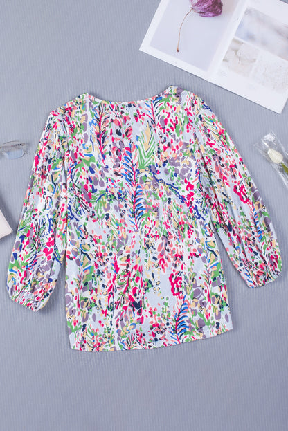 Blue Floral Print Puffy Sleeve Loose Blouse