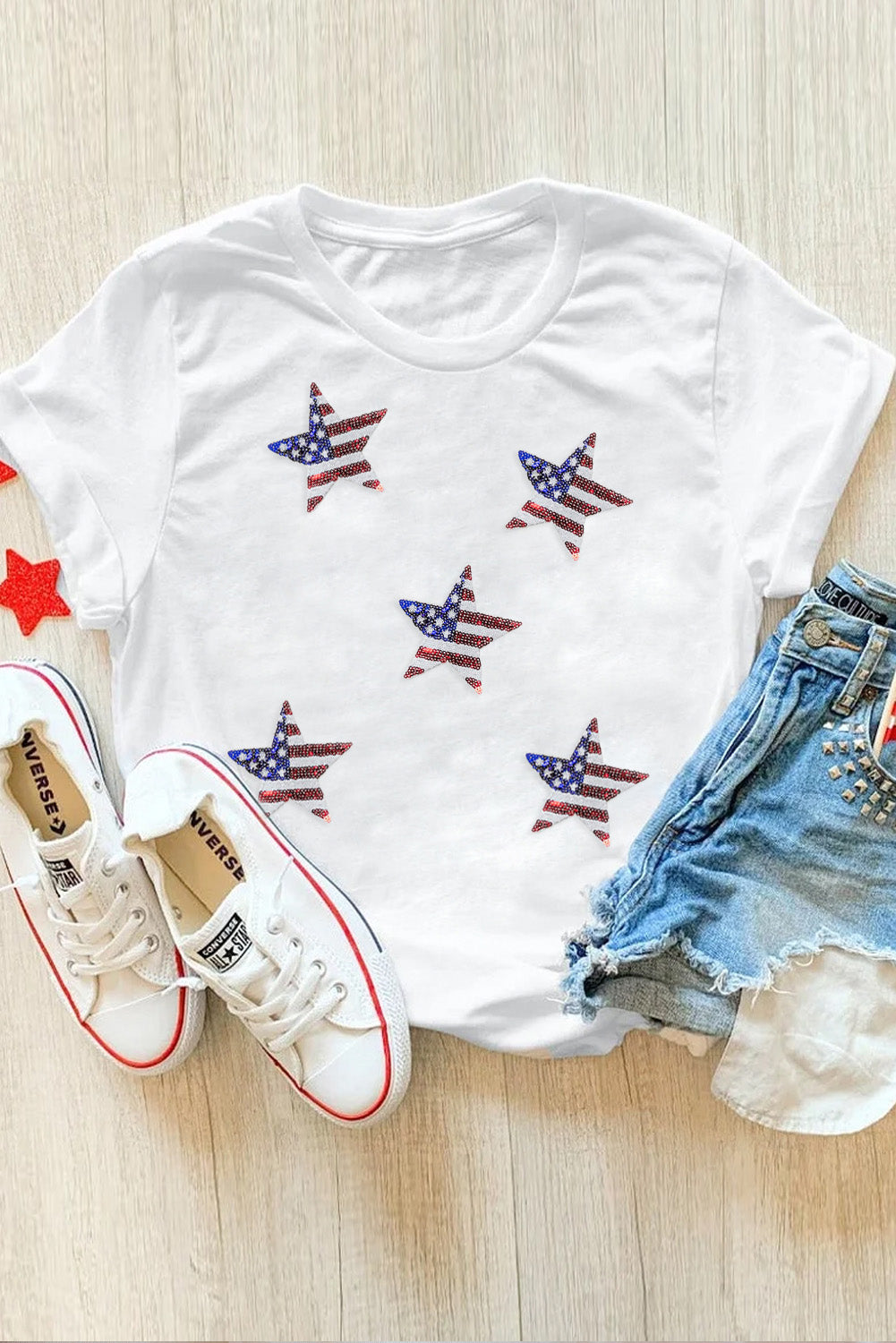 White Sequin American Flag Star Graphic T Shirt