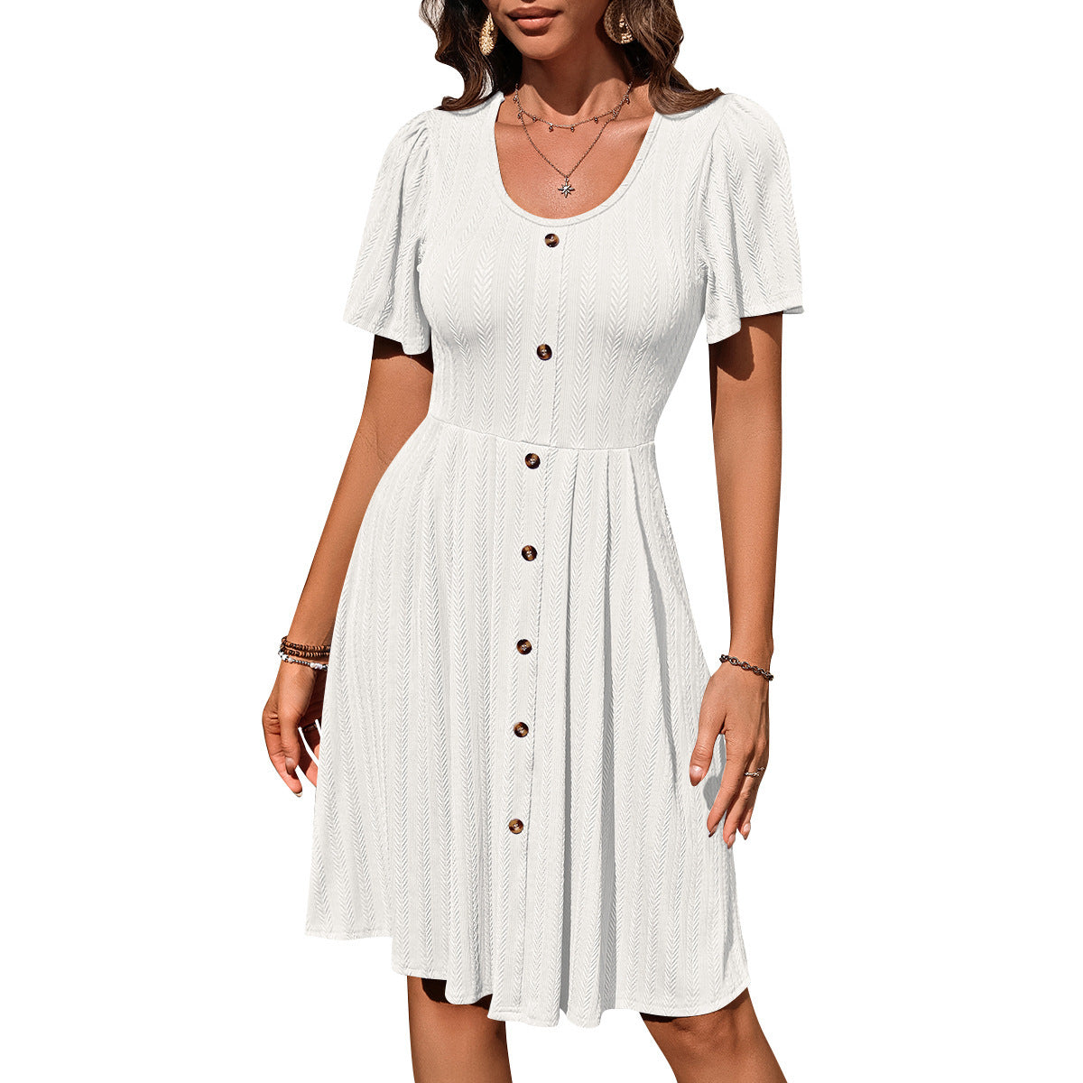 Robe d'été à manches courtes et col en U pour femmes, tenue de vacances décontractée, couleur unie, avec boutons, Design à la mode